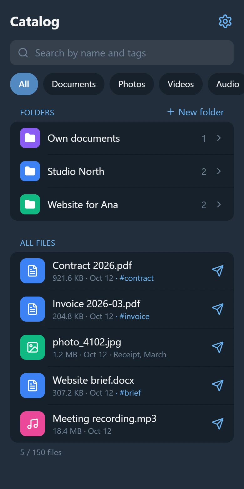 The catalog screen: search, three folders and files with their tags