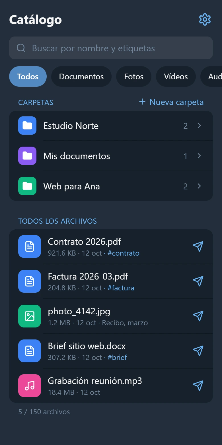 La pantalla del catálogo: un campo de búsqueda, tres carpetas y cinco archivos con sus etiquetas