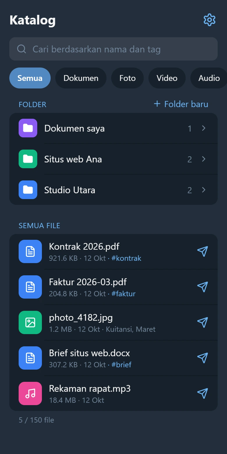 Layar katalog: kolom pencarian, tiga folder, dan lima file beserta tagnya