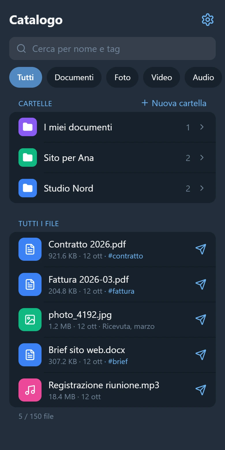 La schermata del catalogo: un campo di ricerca, tre cartelle e cinque file con i loro tag