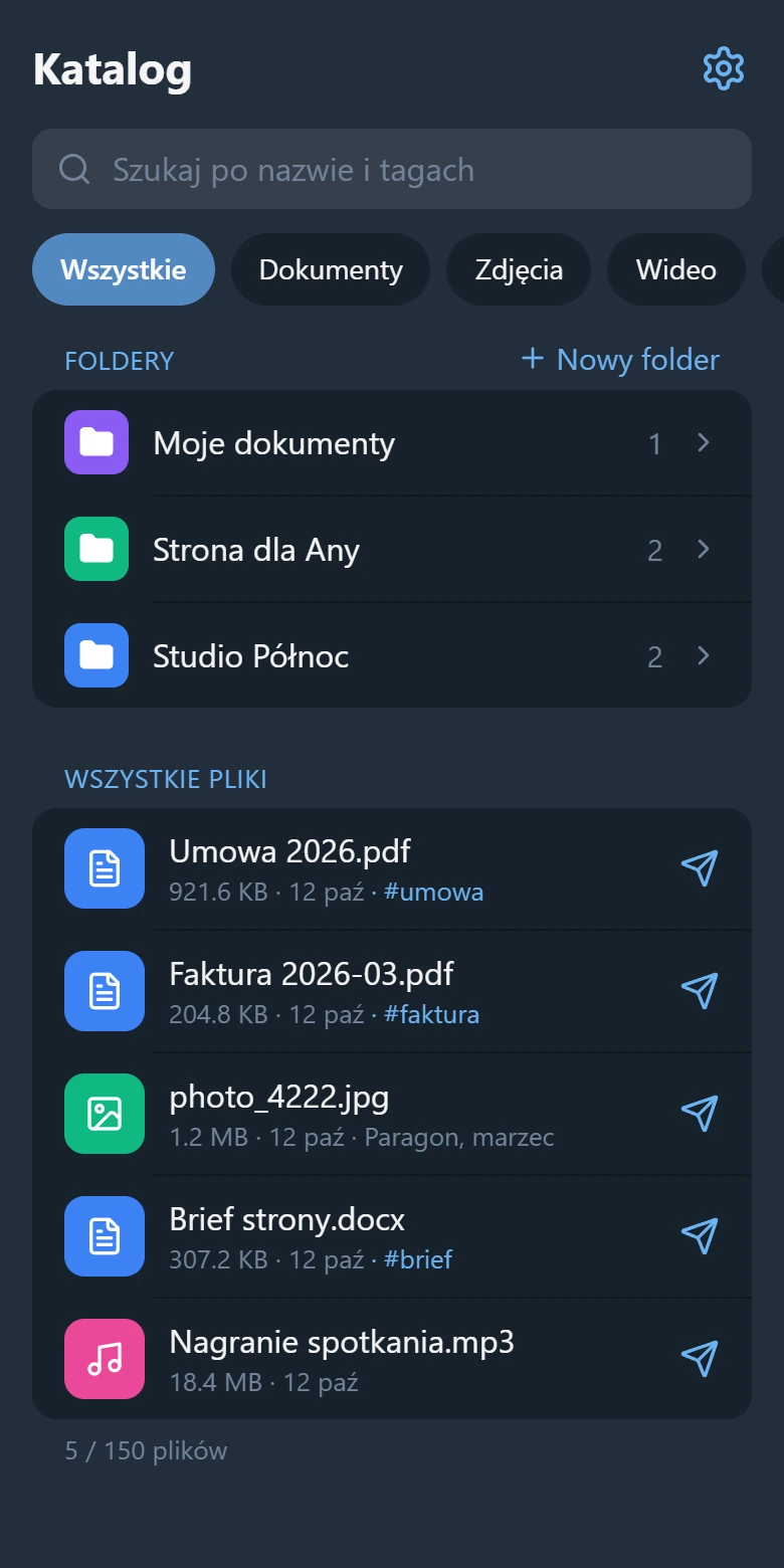 Ekran katalogu: pole wyszukiwania, trzy foldery i pięć plików z tagami