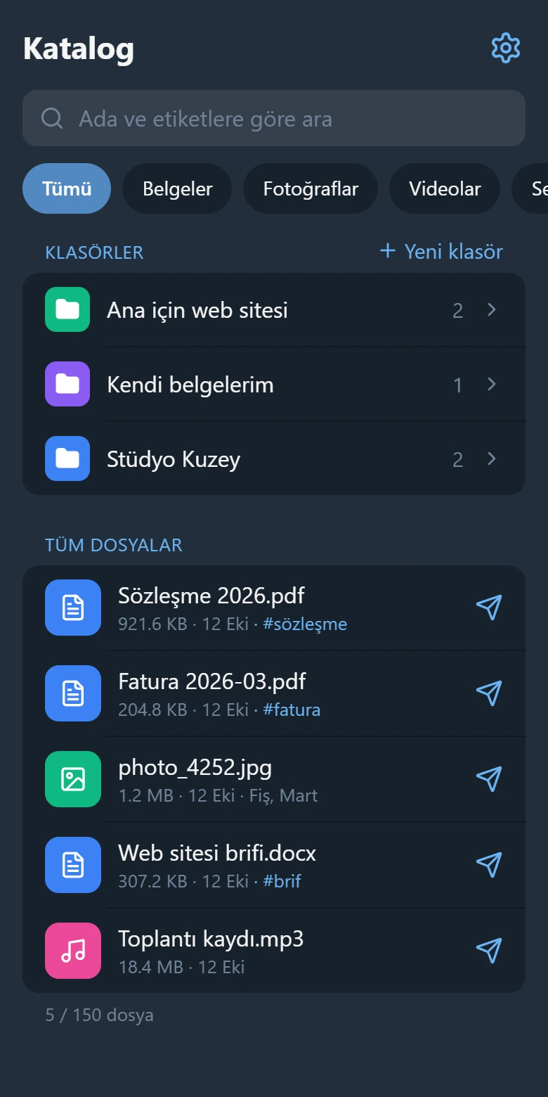 Katalog ekranı: bir arama alanı, üç klasör ve etiketleriyle beş dosya