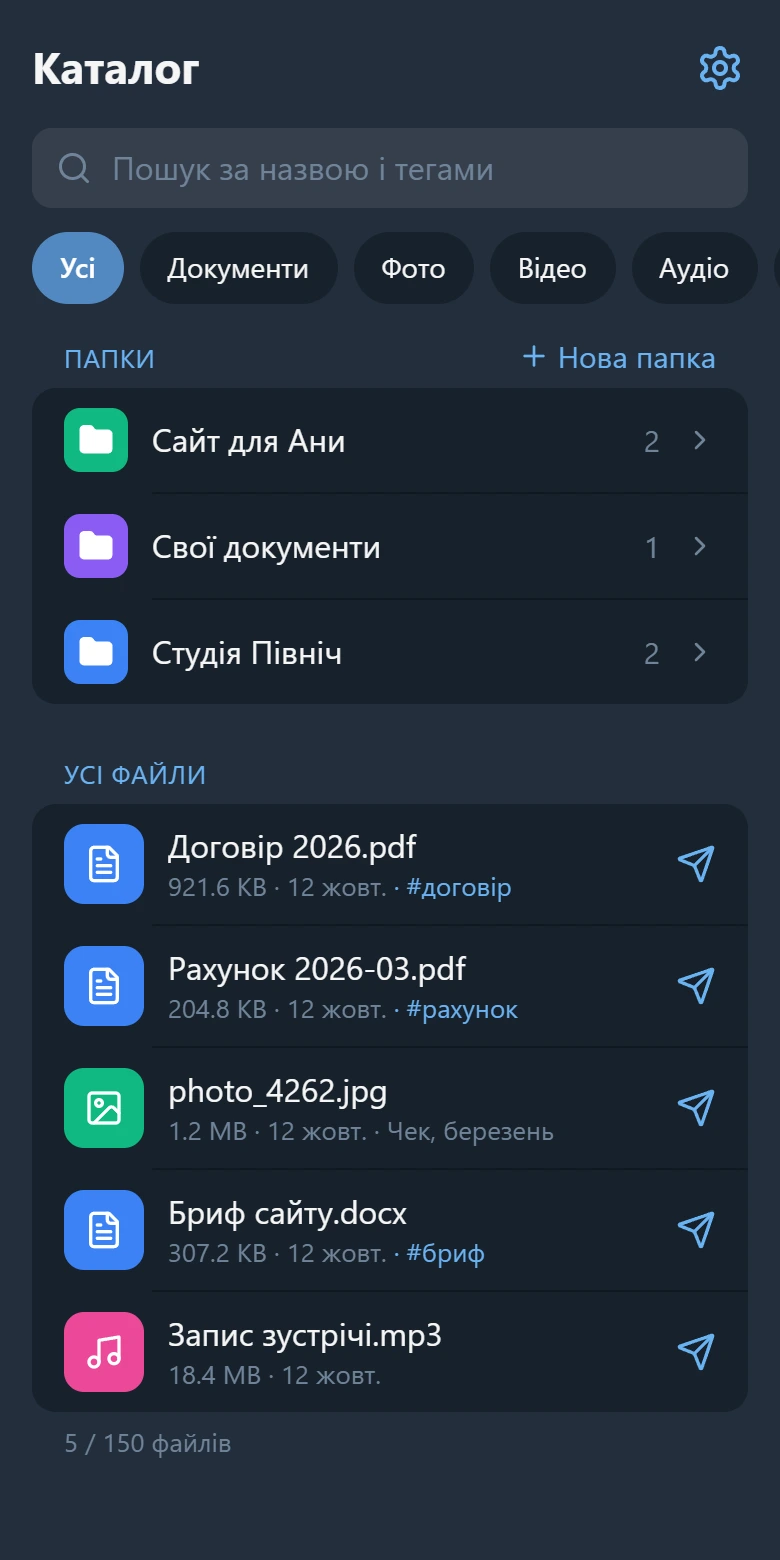 Екран каталогу: поле пошуку, три папки і п’ять файлів із тегами
