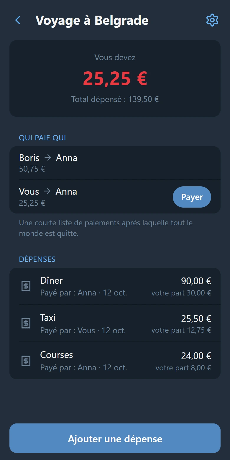 L’écran du groupe : votre solde, qui paie qui avec le bouton « Payer », et la liste des dépenses
