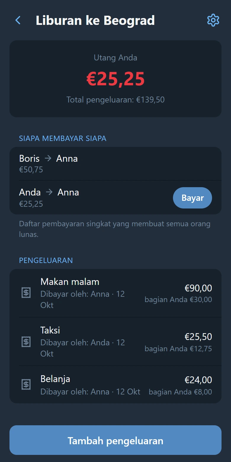 Layar grup: saldo Anda, siapa membayar siapa dengan tombol “Bayar”, dan daftar pengeluaran