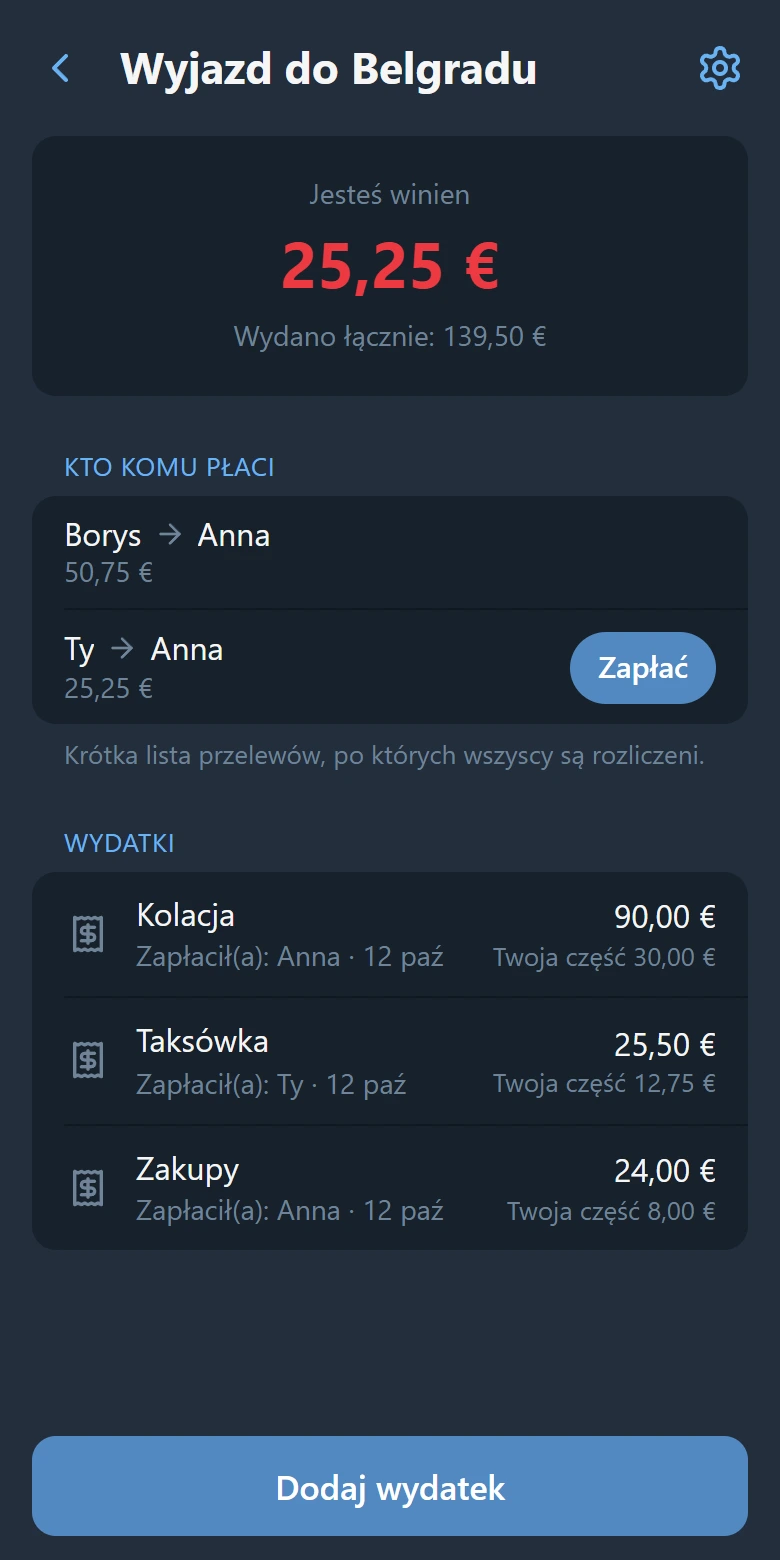 Ekran grupy: Twoje saldo, lista „kto komu płaci” z przyciskiem „Zapłać” i lista wydatków