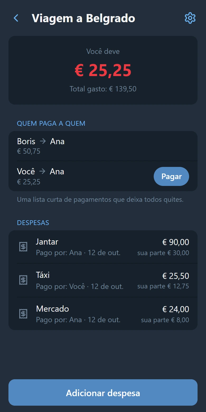 A tela do grupo: seu saldo, quem paga a quem com o botão “Pagar” e a lista de despesas