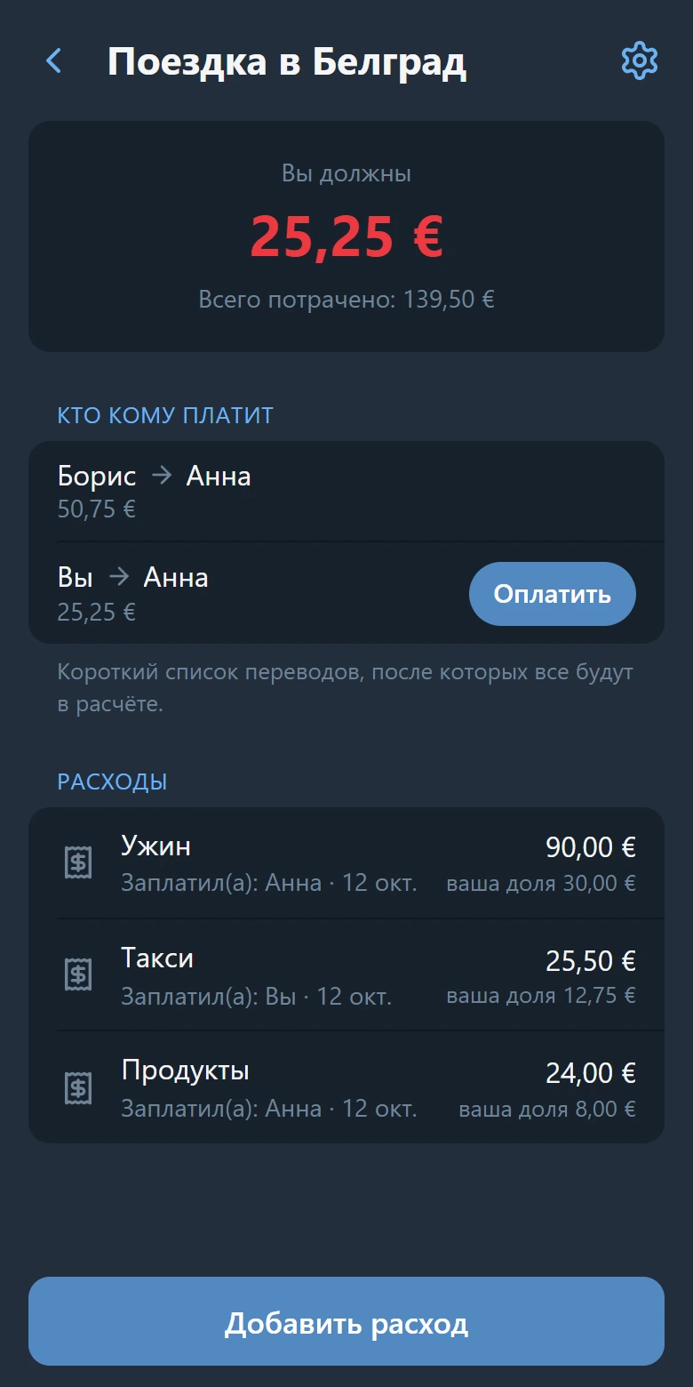 Экран группы: ваш баланс, кто кому платит и расходы