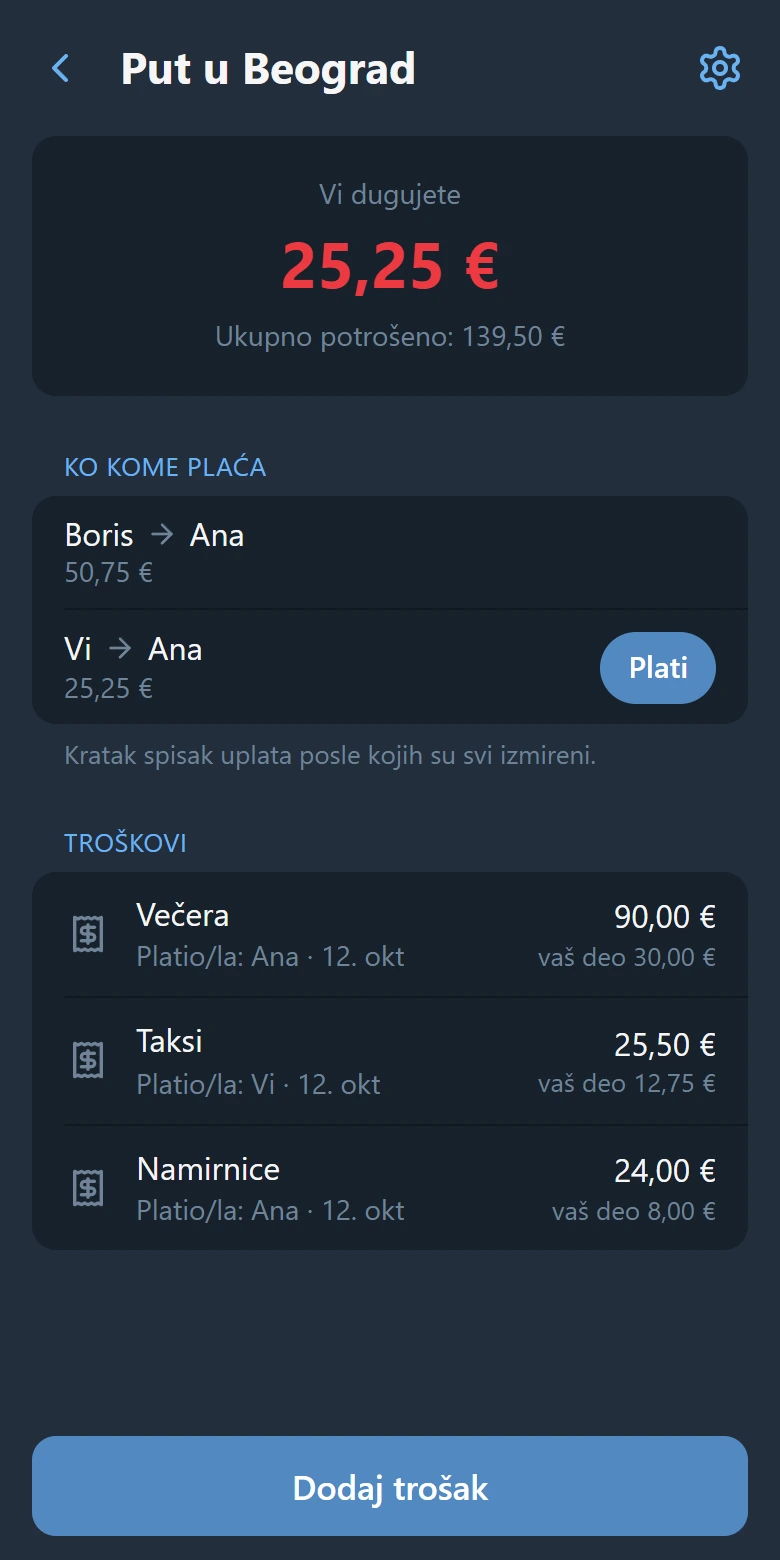 Ekran grupe: vaše stanje, ko kome plaća sa dugmetom „Plati“ i spisak troškova
