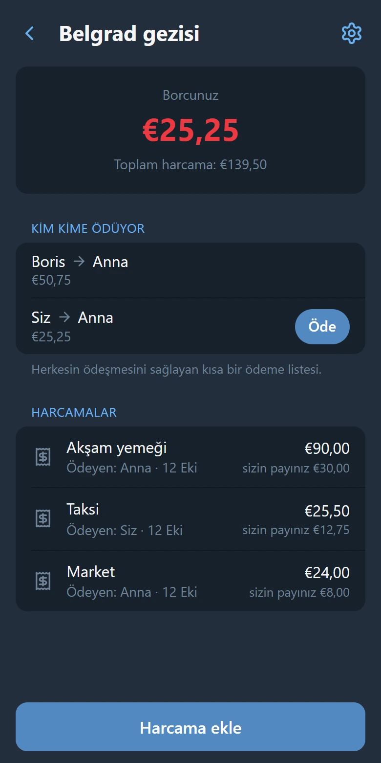 Grup ekranı: bakiyeniz, “Öde” düğmesiyle kimin kime ödediği ve harcama listesi