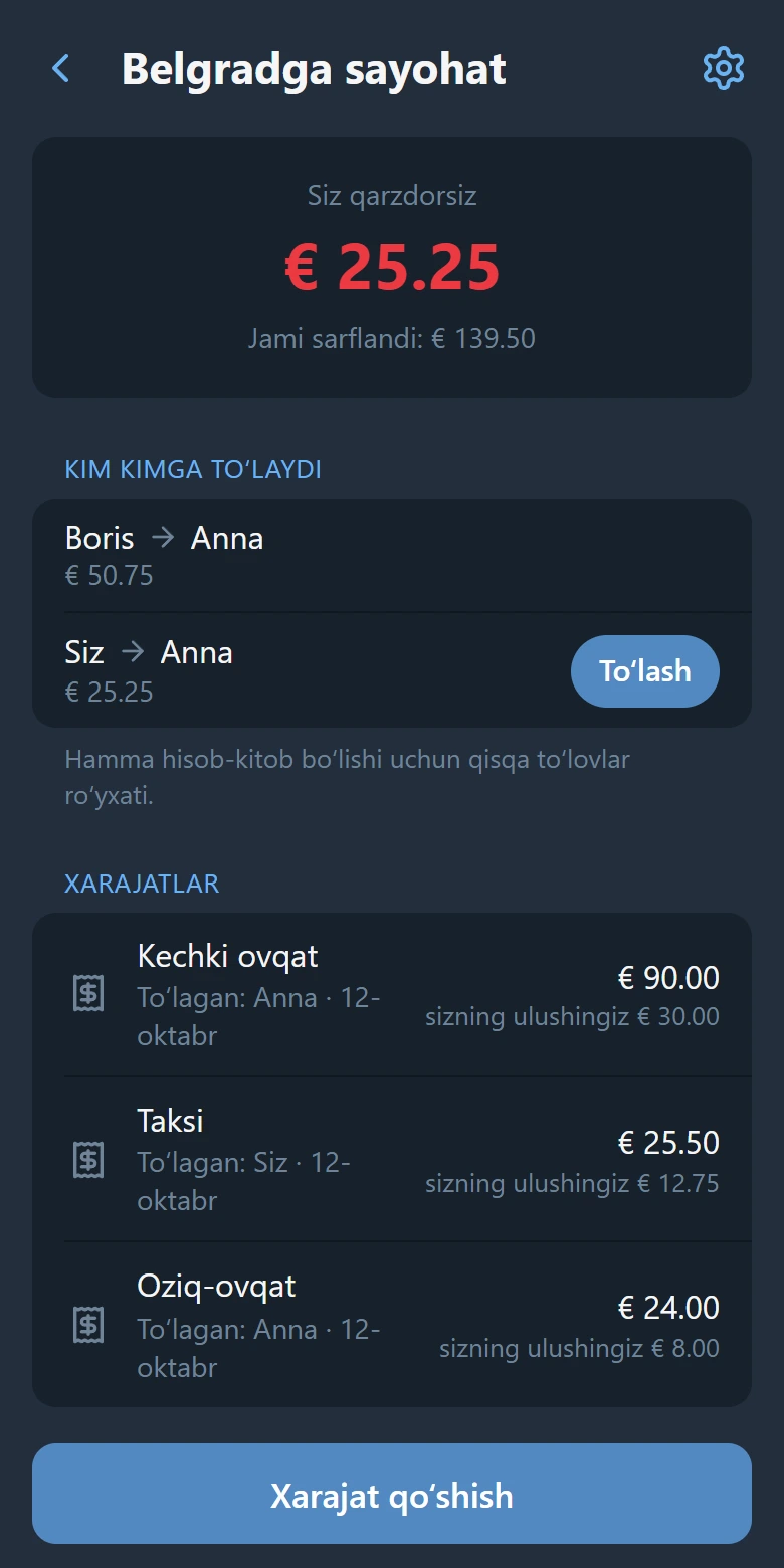 Guruh ekrani: balansingiz, “To‘lash” tugmasi bilan kim kimga to‘lashi va xarajatlar ro‘yxati