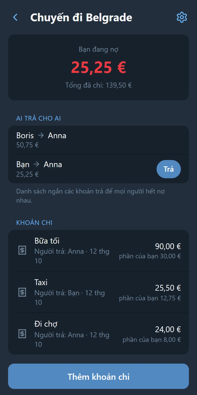 Màn hình nhóm: số dư của bạn, ai trả cho ai kèm nút “Trả”, và danh sách khoản chi