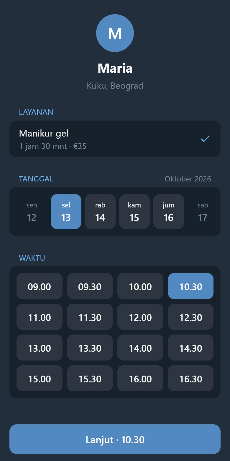 Layar janji temu: layanan, hari-hari, kisi waktu kosong, dan tombol “Lanjut”