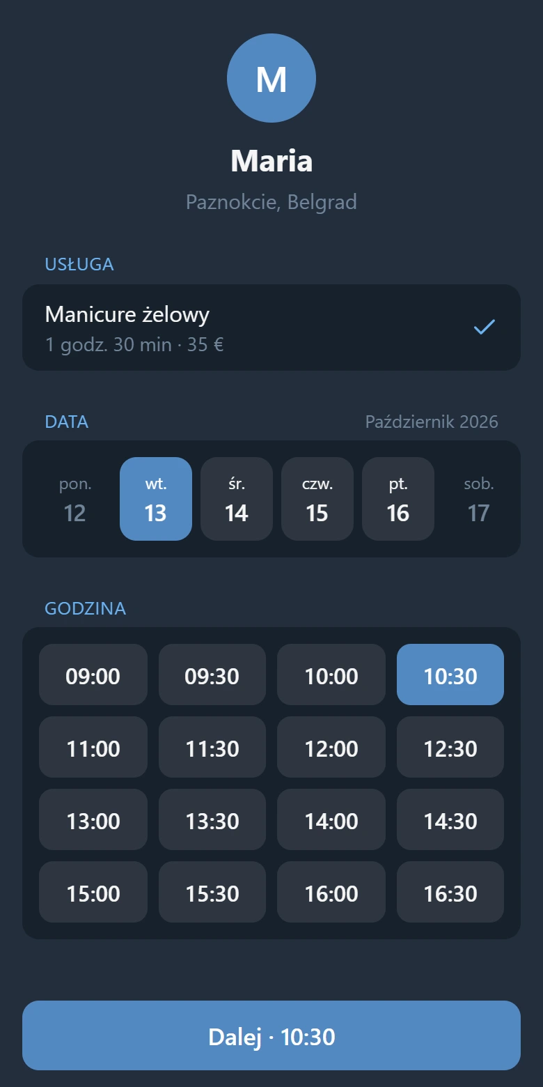 Ekran zapisu: usługa, dni, siatka wolnych godzin i przycisk „Dalej”